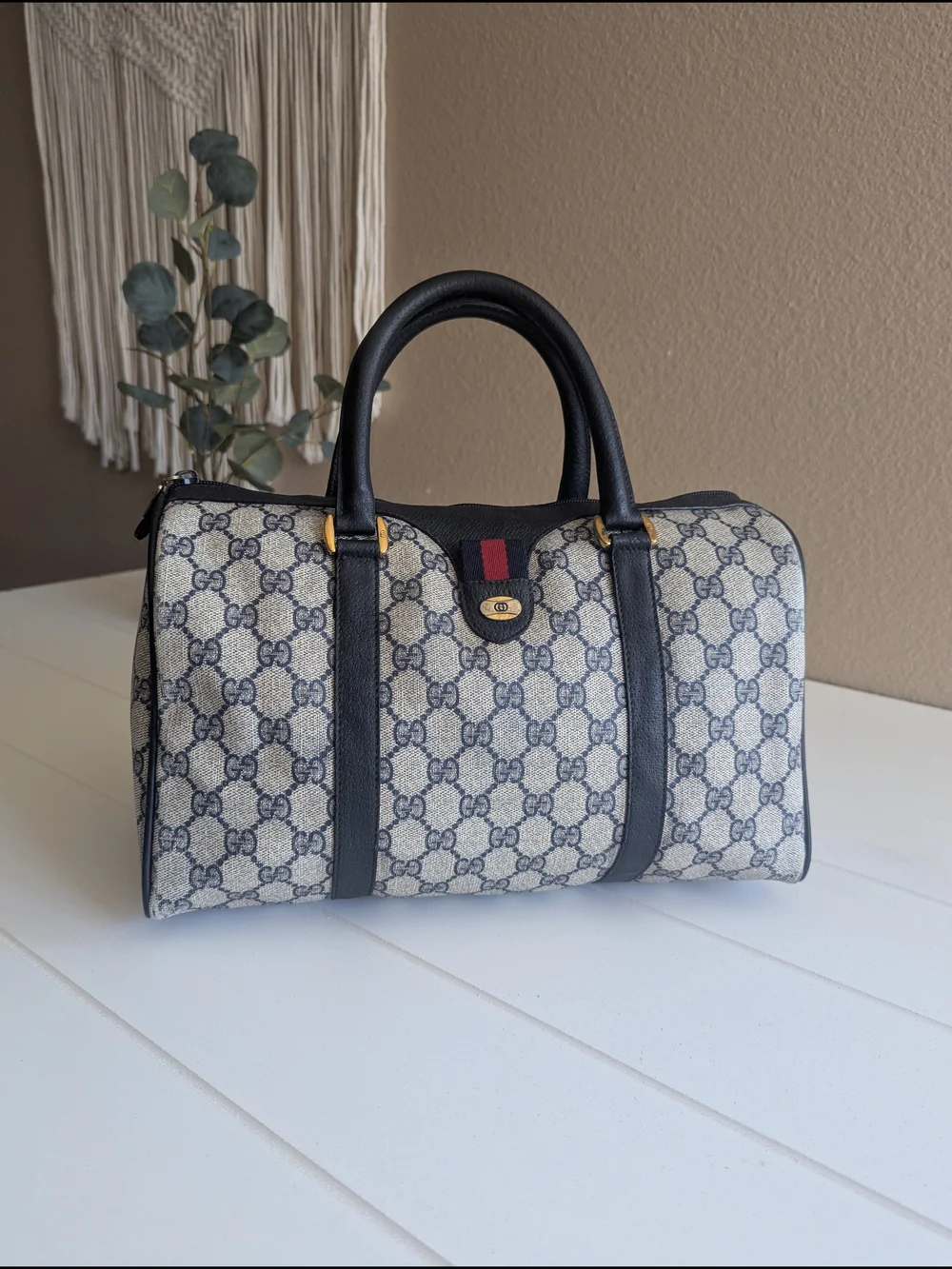 vintage 1980s Gucci Accessory Collection Navy GG Supreme Boston Bag.